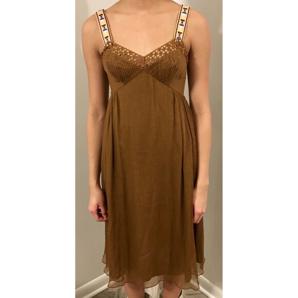 CATHERINE MALANDRINO Brown Silk Embroidered Trim Macrame Pleats Sundress Small 4 - Picture 2 of 6